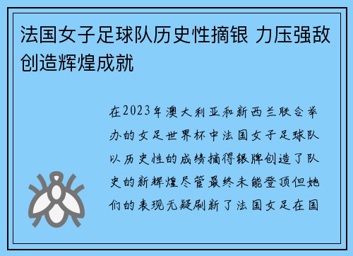 法国女子足球队历史性摘银 力压强敌创造辉煌成就
